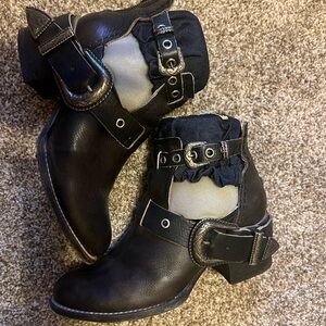 Freebird Buckle Cutout Booties (Black)
